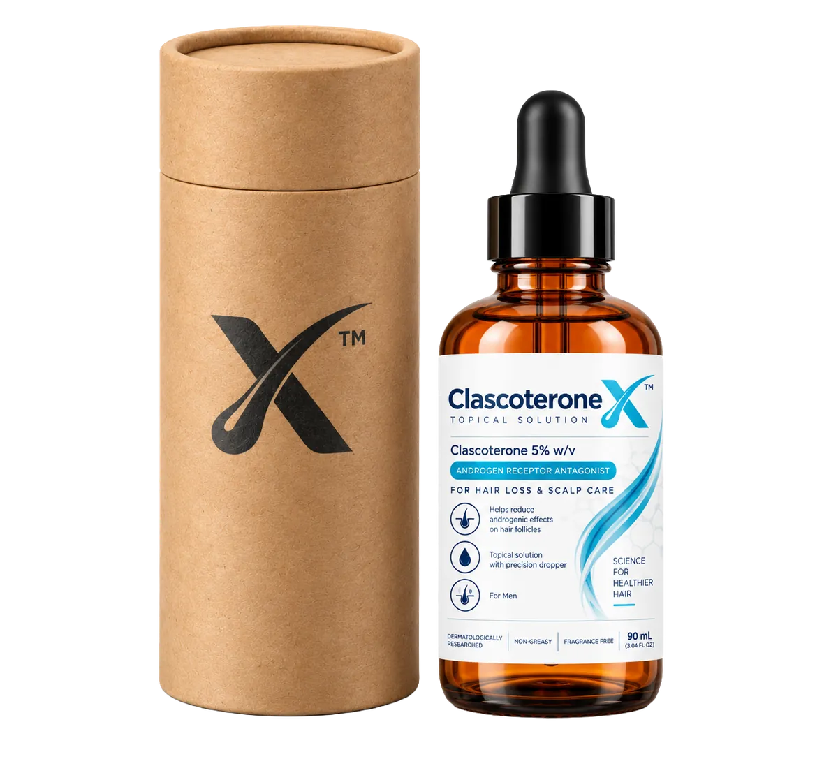 ClascoteroneX 5% topical scalp-care solution bottle with kraft retail tube